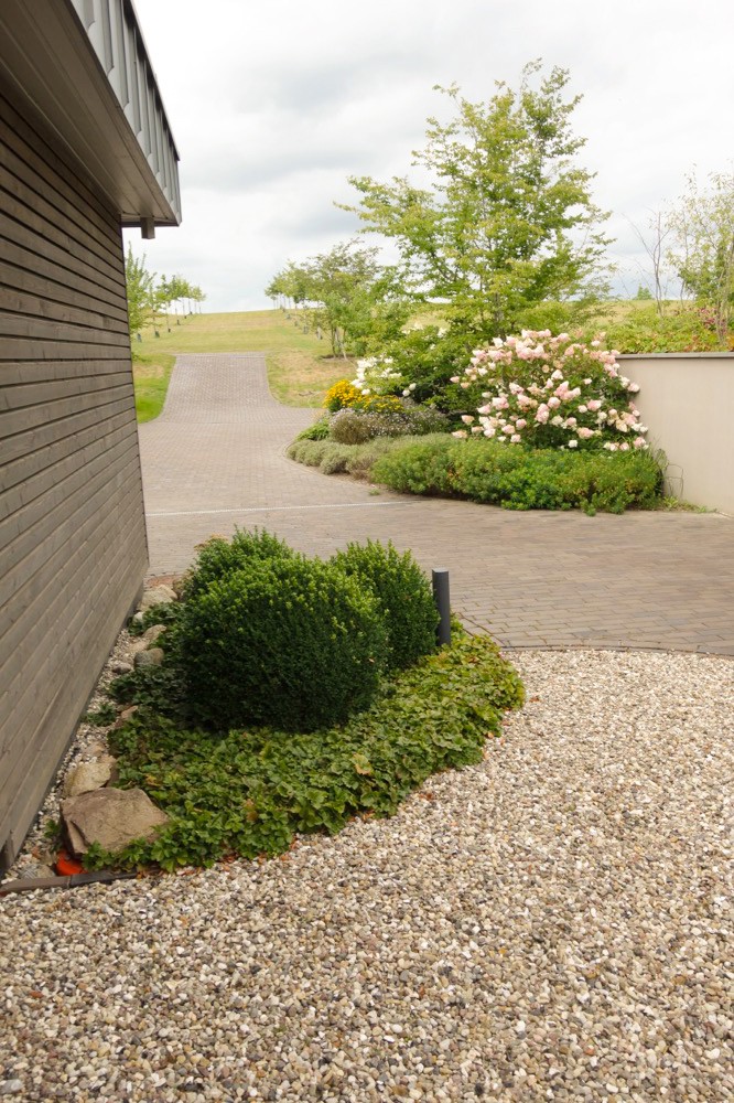 Schmaler Gartenweg mit Kies, Formgehölzen und Stauden